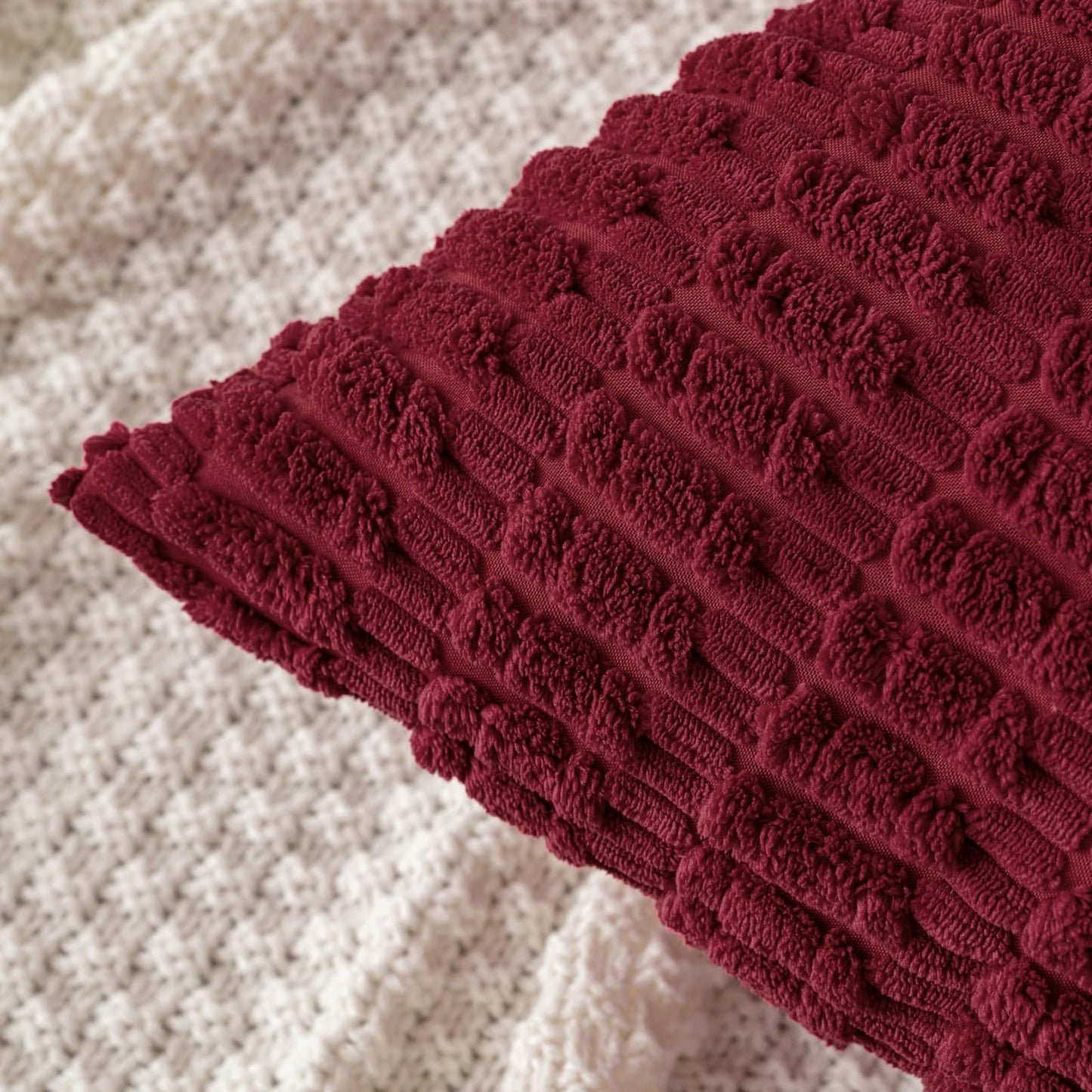 MIULEE Pack of 2 Burgundy Corduroy Decorative Pillow Covers 18x18 Inch Soft Boho Striped Throw Pillow Covers Modern Farmhouse Home Decor for Sofa Living Room Couch Bed