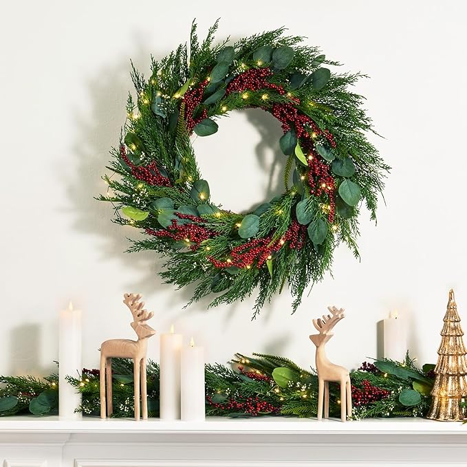 LampLust Winter Wreaths for Front Door Outside, 24 Inch Cypress & Eucalyptus Wreath with Red Berries 100 LED Lights, Timer, Battery Powered, Farmhouse Wreath Year Round, Winter Wreaths for Indoors