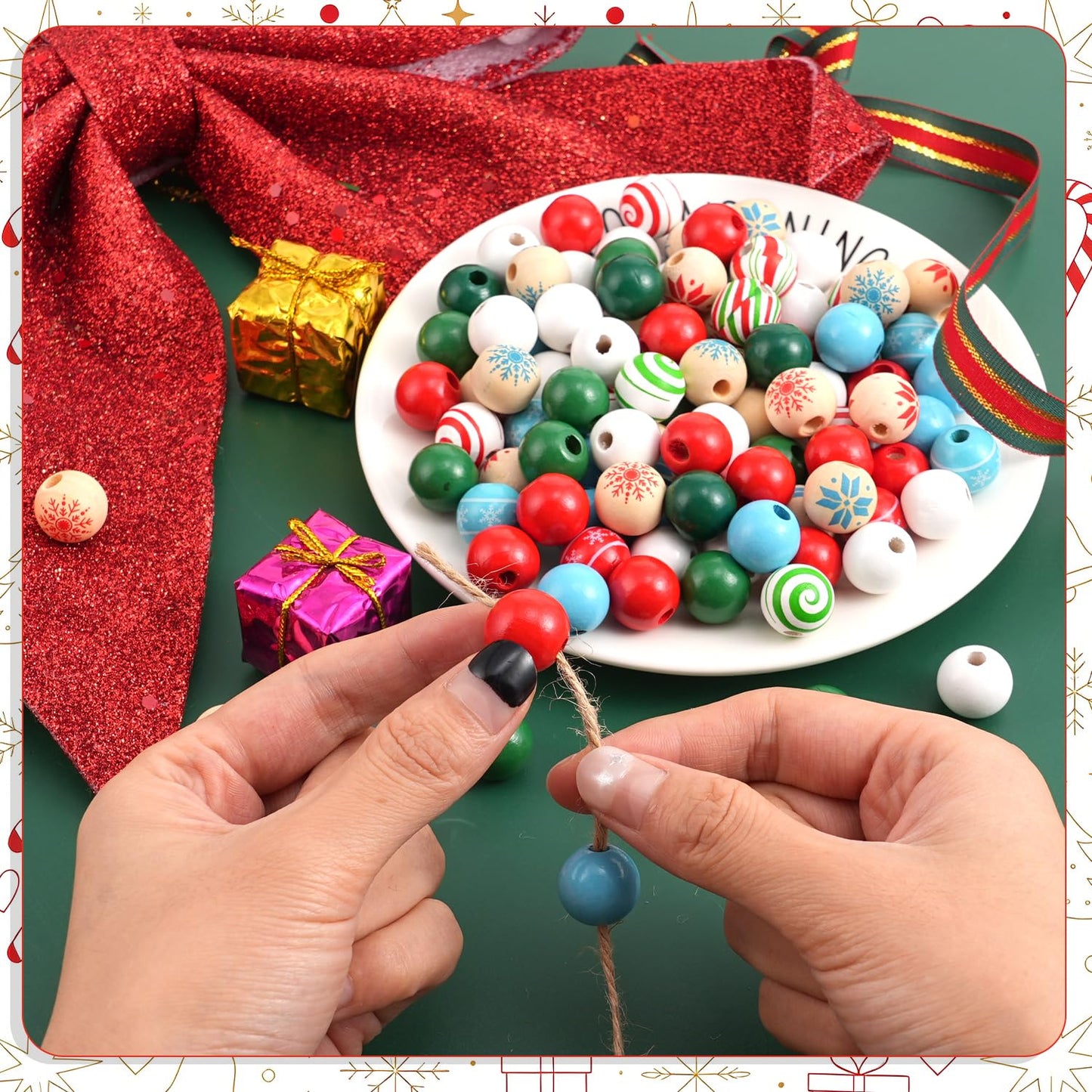 200 Pcs Christmas Wooden Beads for Crafts Natual Painted Wood Spacer Loose Beads with Twine for Xmas Party Holiday DIY Garland Hanging Decor