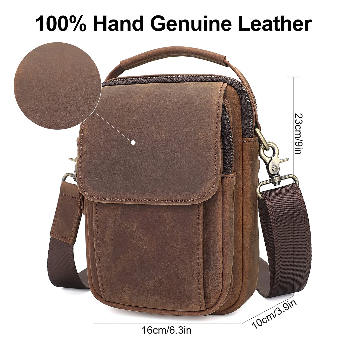 Augus Leather Small Messenger Bag For Men Crossbody Handbag Shoulder Sling Travel Bags for Men Purse Daypack Magnetic Buckle (Brown)