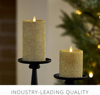 Luminara Rich Gold Glitter Ribbed Flameless LED Candle Moving Flame Pillar, Real Wax, Flat Top, Timer (3.25" x 6.5")