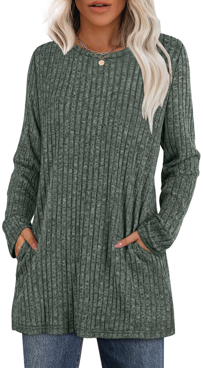 XIEERDUO Long Sleeve Shirts for Women Crewneck Tunic Tops Loose Fit Dressy Womens Sweaters with Pockets Fall Fashion 2025