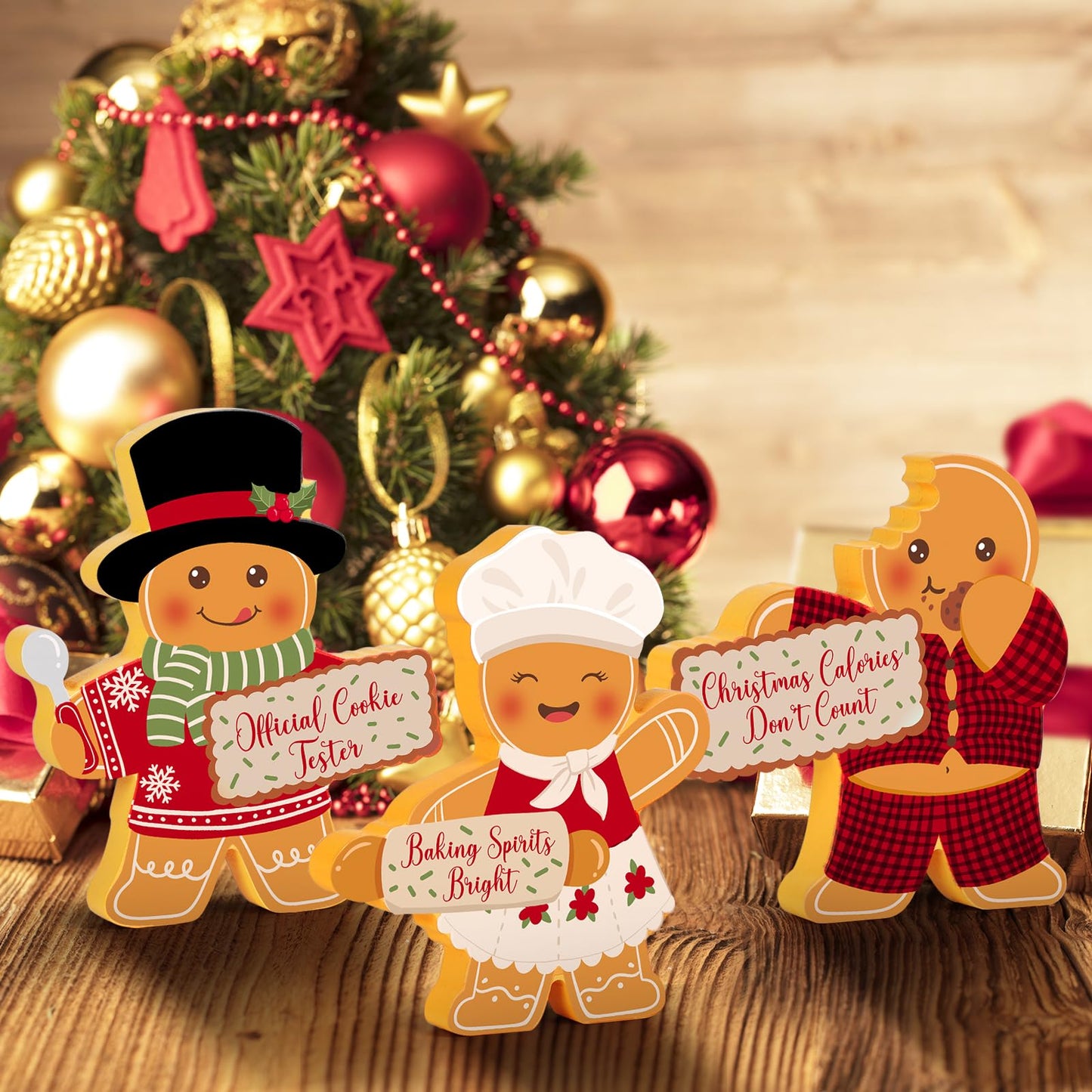 COCHIE Gingerbread Man Christmas Decorations Indoor, Cute Gingerbread Man Tiered Tray Decor Set of 3, Wooden Gingerbread Man Blocks Xmas Table Decoration for Party Home Office Shelf Door (Kitchen)