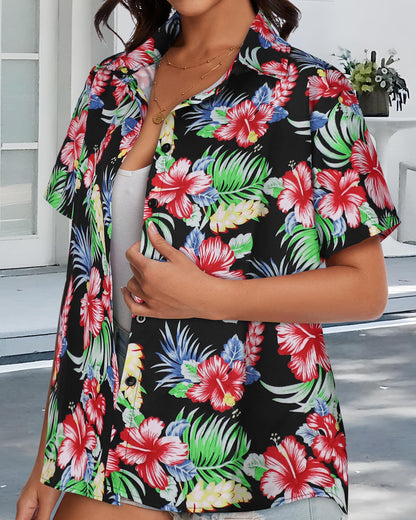 Women Hawaiian Shirt Button Down Summer Tops Beach Cool Short Sleeve V Neck Blouse(Red Black Floral,XL)