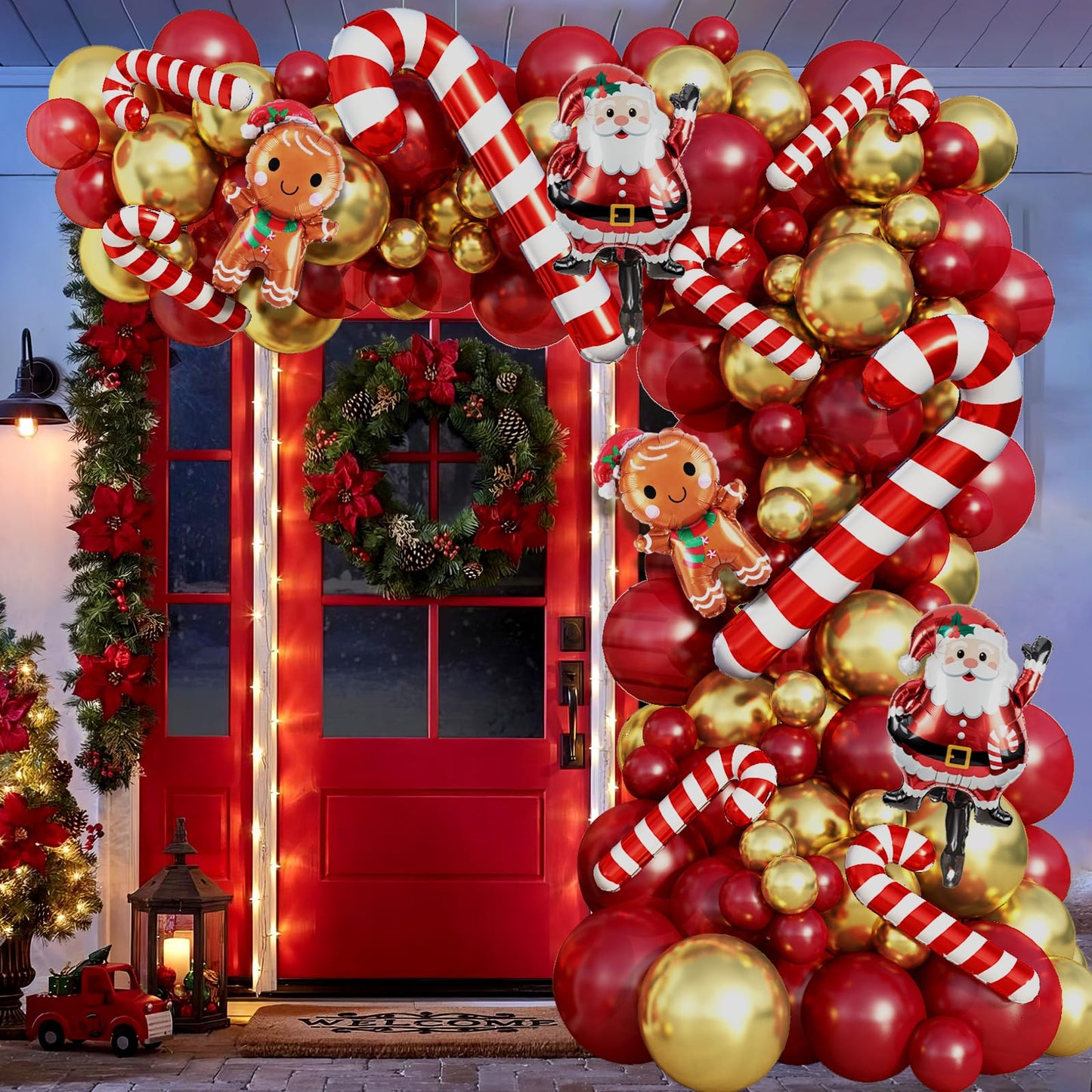 Christmas Balloon Arch Garland Kit, 114Pcs Retro Red Metallic Gold Latex Balloons with Large Cane Gingerbread Man Santa Claus Xmas Foil Balloons for Birthday Merry Christmas Party New Year Decorations