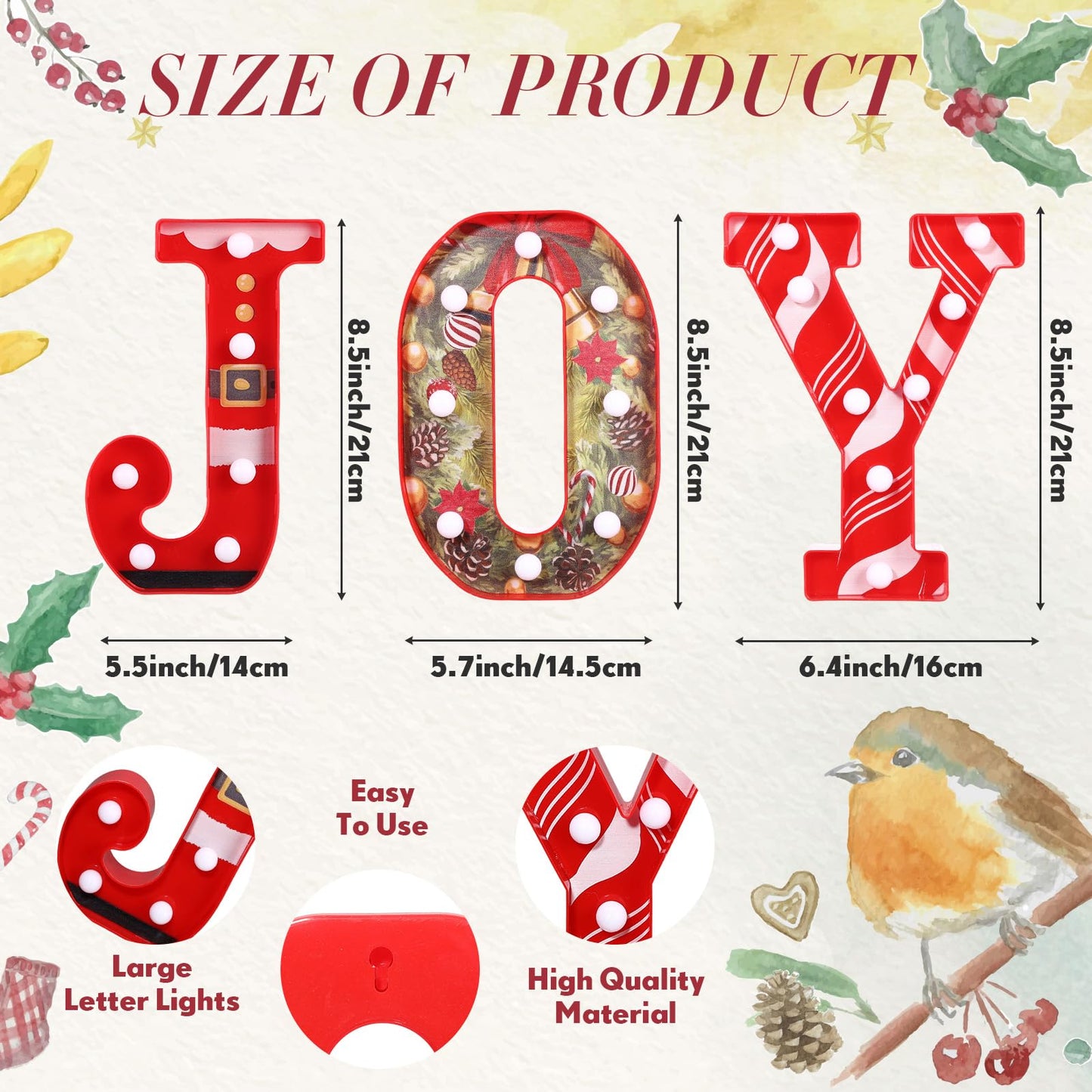 Honoson 3 Pcs LED Marquee Light Up Letters Joy Christmas Alphabet Letter Signs JOY LED Letter Lights For Mantle Home Bar Bedroom Tabletop Fireplace Wall Xmas Wedding Party Decor
