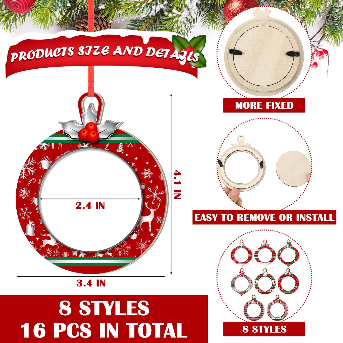 Yalikop 16 Pcs Christmas Photo Frame Ornaments Wooden Nutcrackers Santa Snowman Snowflake Picture Frame Tree Decoration DIY Photo Keepsakes for Xmas Party Decorations Winter (Light Ball)