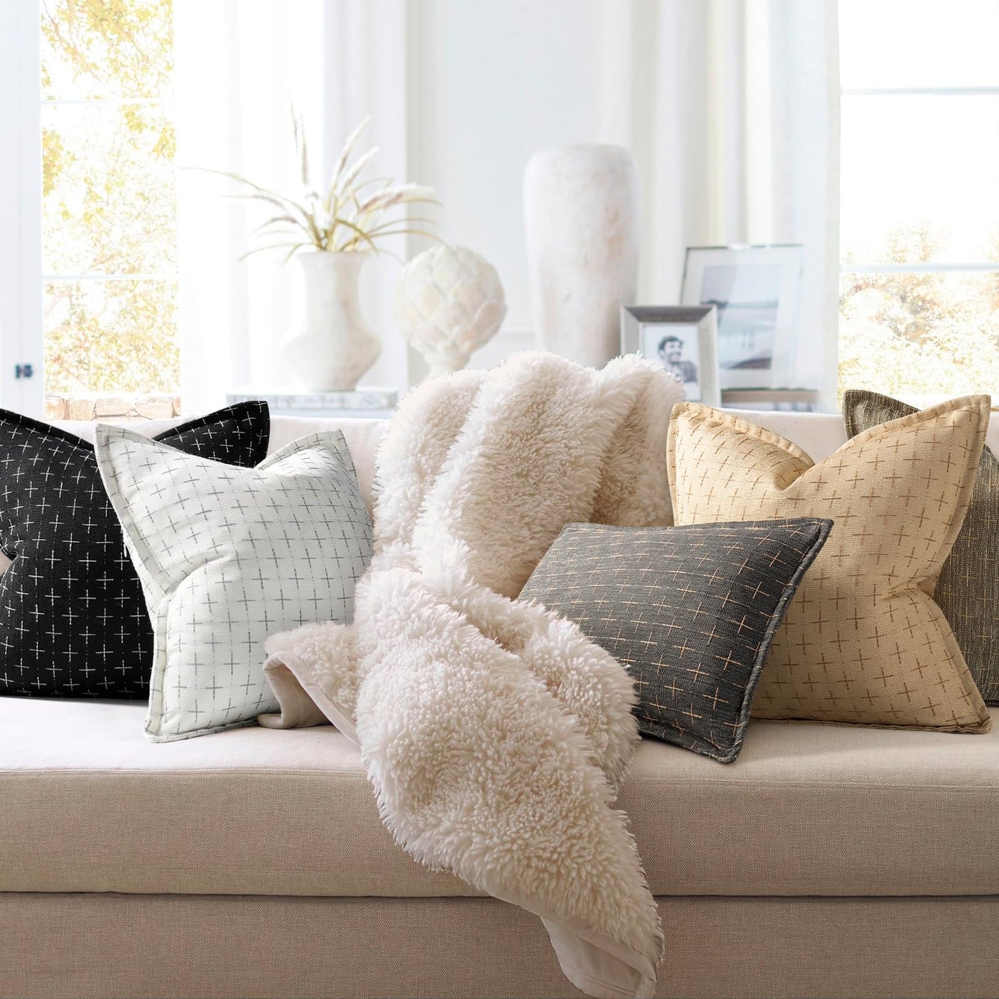 ZWJD Pillow Covers 24x24 Set of 2 Soft Polyester Textured Pillow Covers with Stylish Flange Edge Cozy Farmhouse Throw Pillows for Couch Bed Sofa Living Room