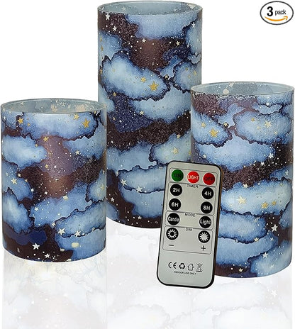 Flickering Flameless Candles Night Sky Stars Print, Embedded Star String Lights, Battery Operated Acrylic LED Pillar Candles with 11-Key Remote and Timer for Home Decoration, 3 Pack