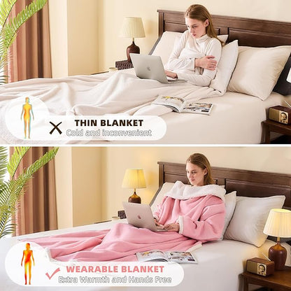 IFNOW Sherpa Wearable Blanket with Sleeves for Women Men Adults, Cozy Wearable Blanket with Arm and Pocket, Warm Full Body TV Wrap Throw Blanket, Soft Robe Blanket as Gifts for Mom Wife, Pink