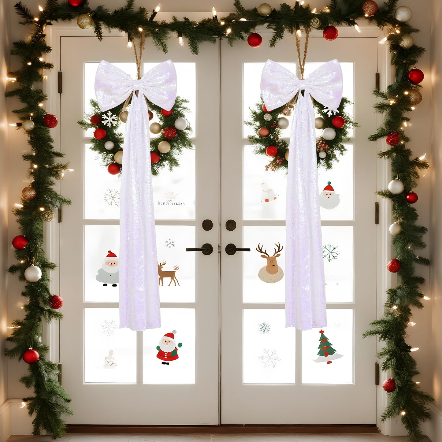 PartyDelight Large Christmas Tree Topper Bow White Iridescent Sequin 16x47 Inchs Big Decorations Bow for Window Wall Home Room Party Xmas Decoration