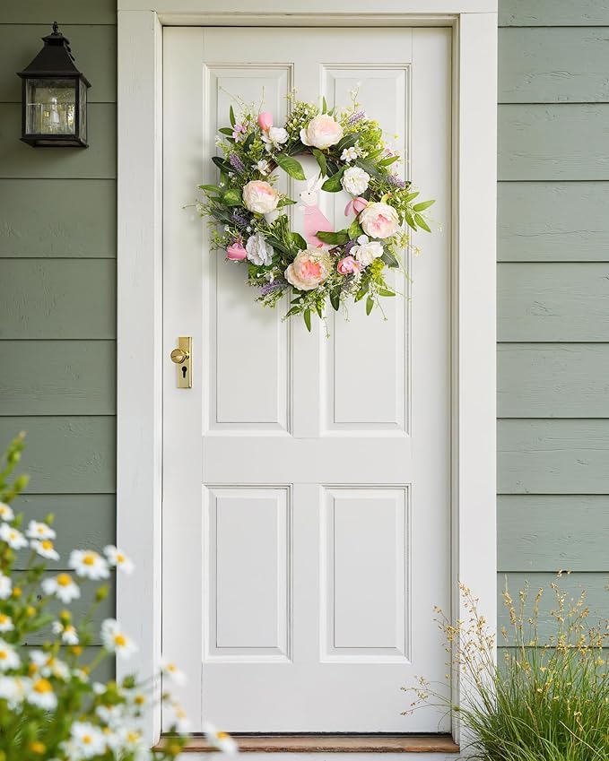 Spring Door Wreath for Front Door with Hook 20-22”, Artificial Spring Door Wreath with White & Pink Peony Lavender Rabbit Wood Sign, Summer Wreaths for Windows Wall Romantic Home Déco
