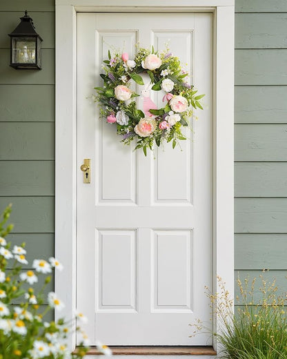 Spring Door Wreath for Front Door with Hook 20-22”, Artificial Spring Door Wreath with White & Pink Peony Lavender Rabbit Wood Sign, Summer Wreaths for Windows Wall Romantic Home Déco