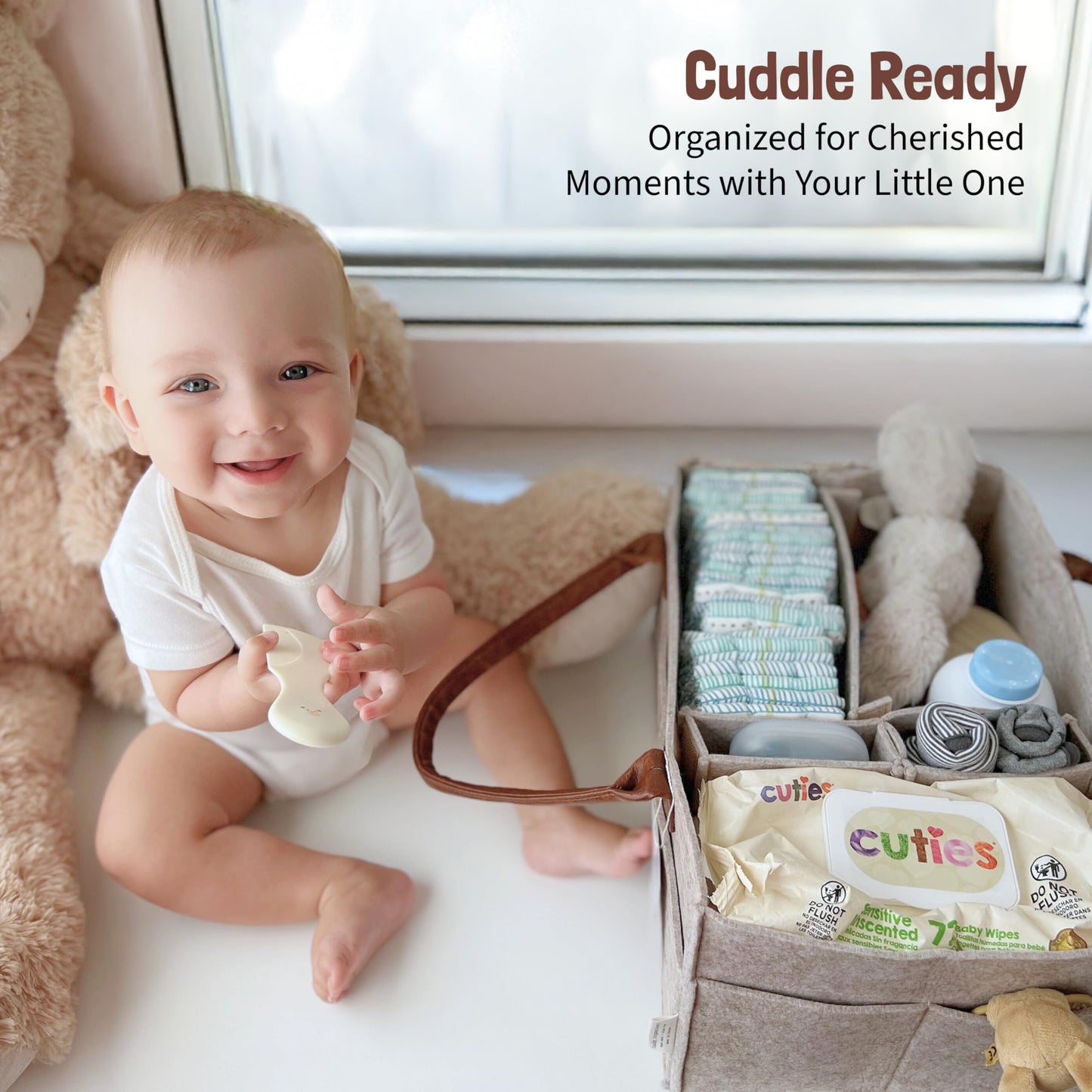 Lily Miles Baby Diaper Caddy Organizer, Nursery Storage Basket for Newborn Essentials, Neutral Gift for Baby Shower, Registry Must-Have, Car Organizer for Diapers and Wipes - Sand, Large