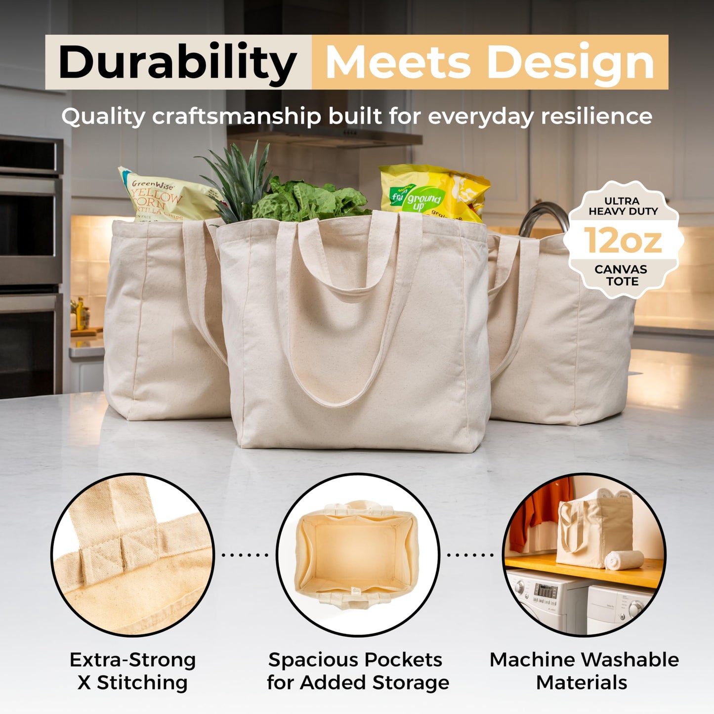 VeraMia 3pc Canvas Grocery Bags with Pockets, Shoulder Straps - Foldable, Washable Heavy Duty Tote