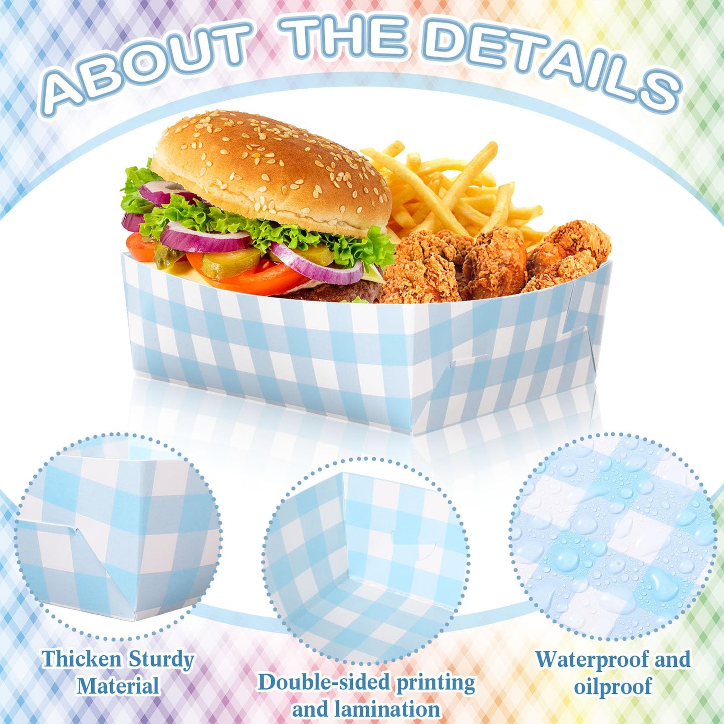 Suclain 48 Pack Light Blue and White Gingham Paper Trays 5 lb Grease Resistant Large Snack Serving Trays Disposable Food Boats for Christmas Party Baby Shower Supplies