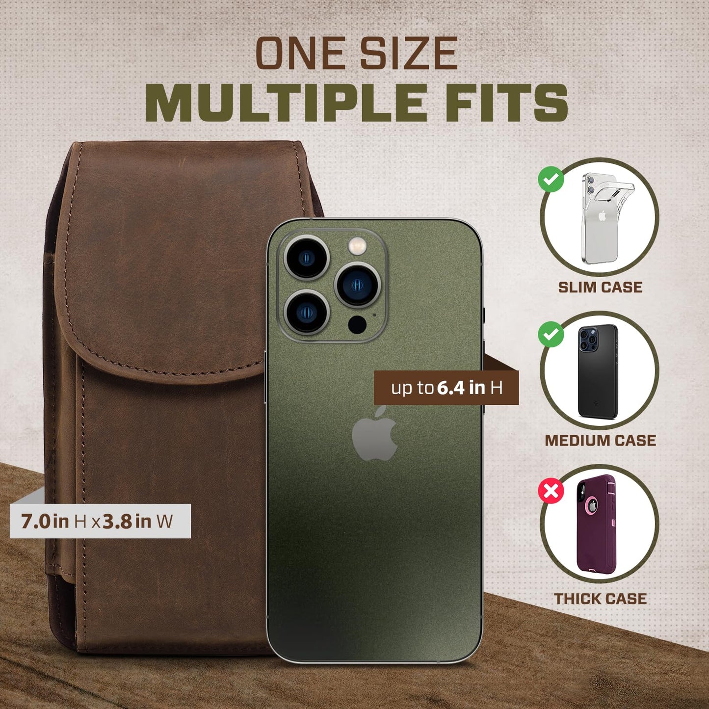 Hengwin Top Grain Crazy Horse Leather Cell Phone Holster Fit for iPhone 17 Pro Max 16 Pro Max 15 Pro Max 14 Pro Max 13 Pro Max Belt Holster Case with Belt Clip Phone Pouch Belt Holder (Retro Brown)