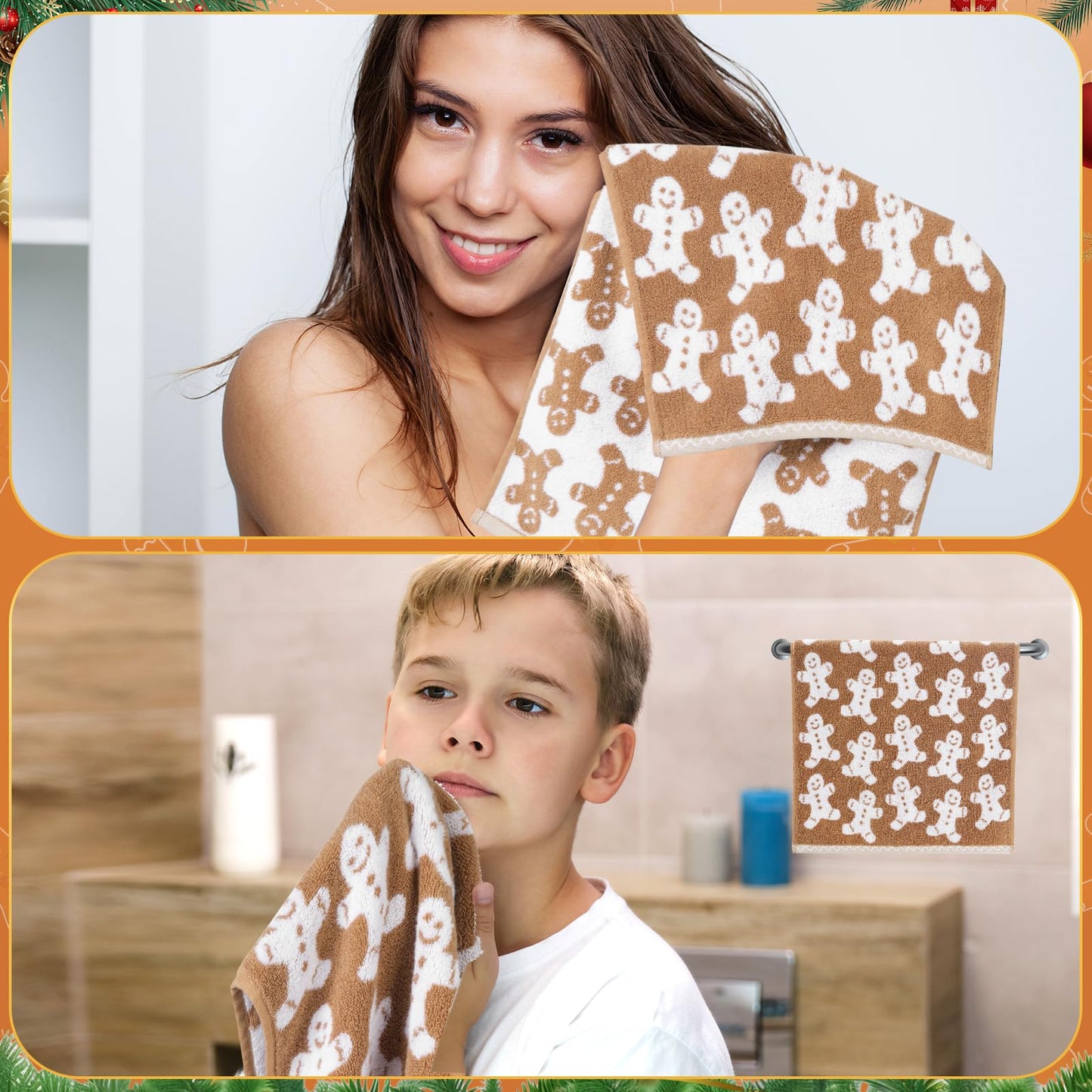 Shemilly 2pcs Christmas Hand Towels Brown Xmas Gingerbread Jacquard Hand Towel for Bath 100% Cotton Thick Soft Bathroom Kitchen Decorative Set for Christmas Winter Holiday Decor Gift,18 x 28 Inch