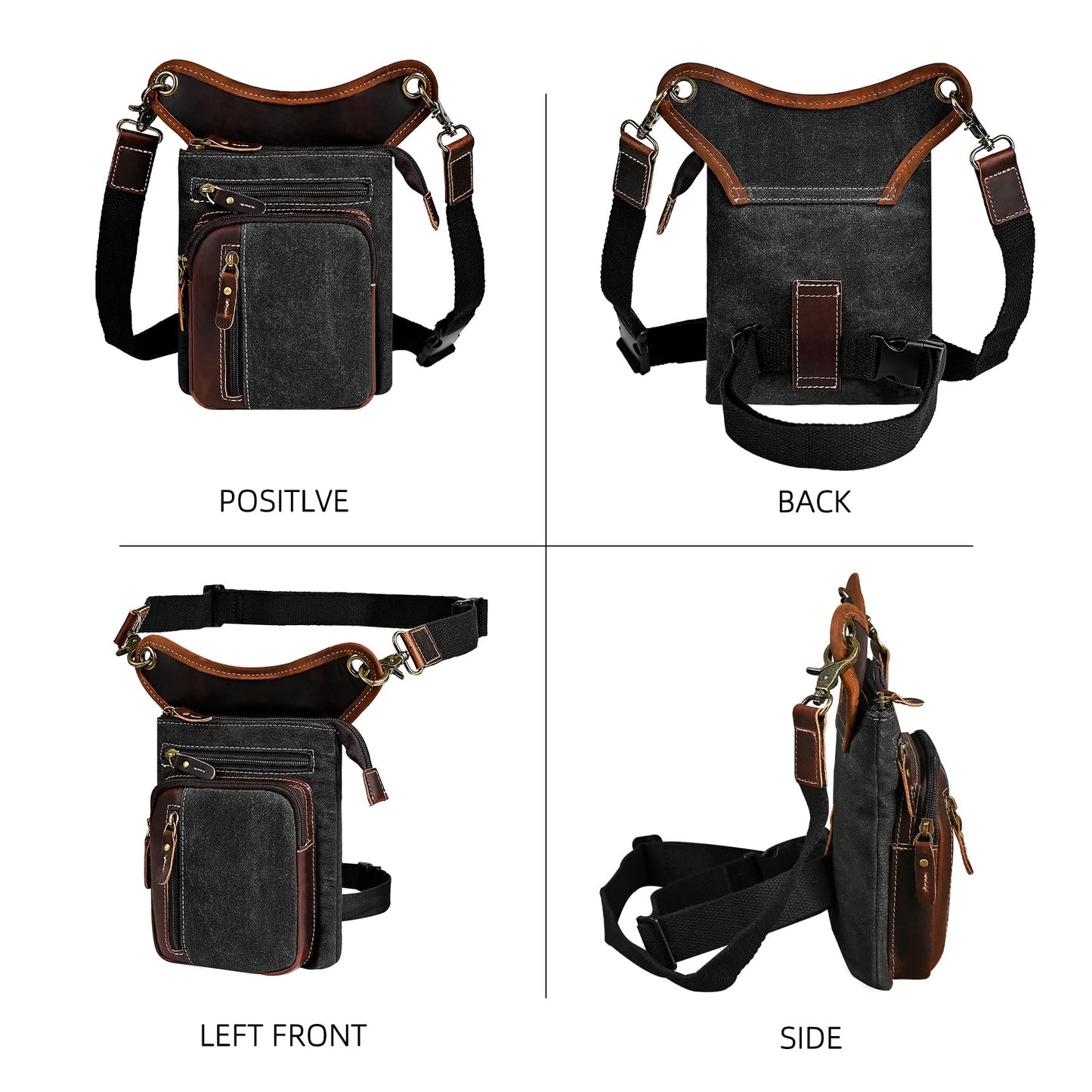 Handadsume Water Resistant Canvas + Leather Motorcycle Fanny Waist Pack One Shoulder Drop Leg Thigh Bag For Men Women FB211-6 (Z-211-11-Black)