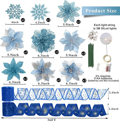 72Pcs Poinsettia Christmas Flowers Decorations with Christmas Ribbon, Blue Christmas Decorations,9 Styles Glitter Artificial Poinsettia Christmas Tree Ornaments for Wreath Garland Holiday Decor(Blue)