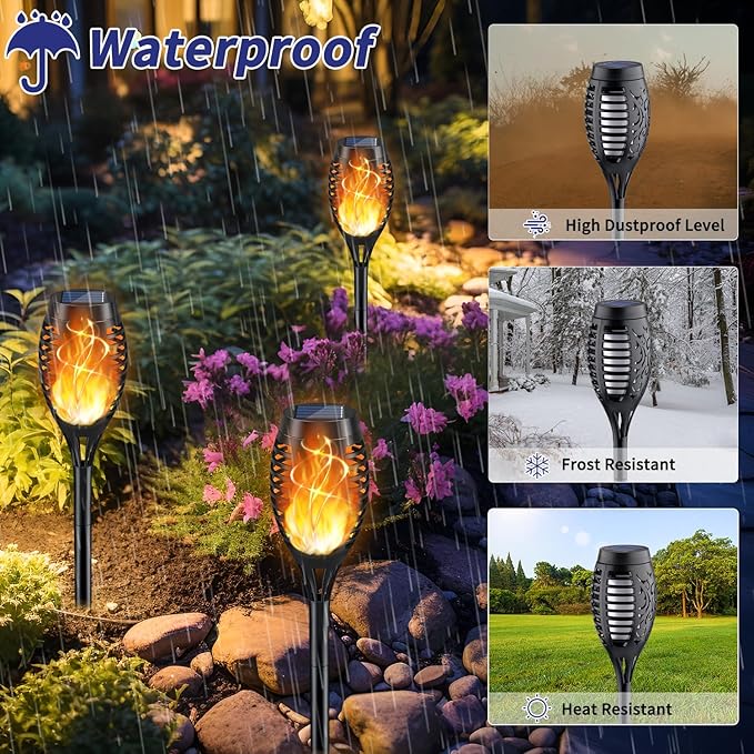 KYEKIO Solar Torch Light with Flickering Flame, 12Pack Solar Lights Outdoor, Waterproof Halloween Lights for Yard Garden, Luces Solares para Exteriores, Torches Lighting for Outside Patio Decorations