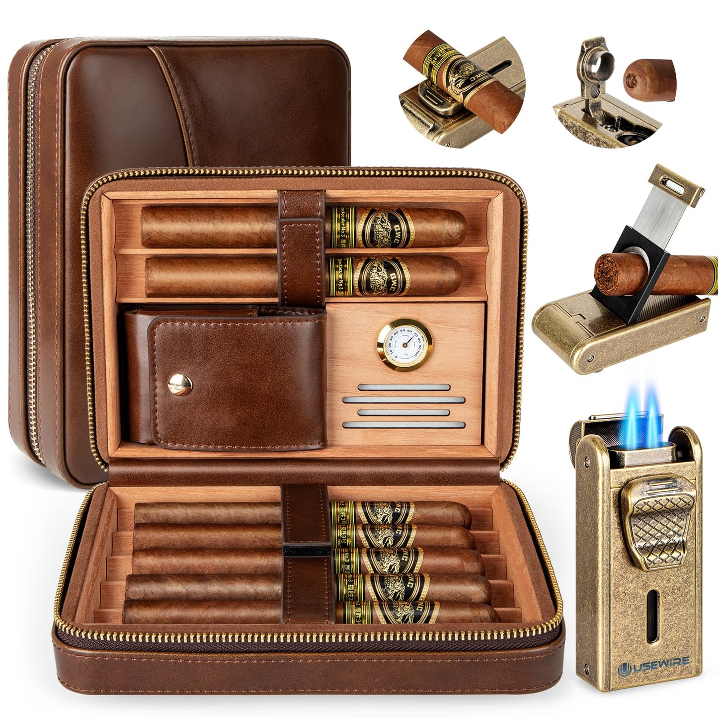 Usewire Cigar Humidor, Leather Cigar Case with Cigar Lighter, Built-in Straight Cigar Cutter and Cigar Punch, Travel Cigar Humidor with Humidifier and Cedar Tray, Cigar Accessories Set for Men