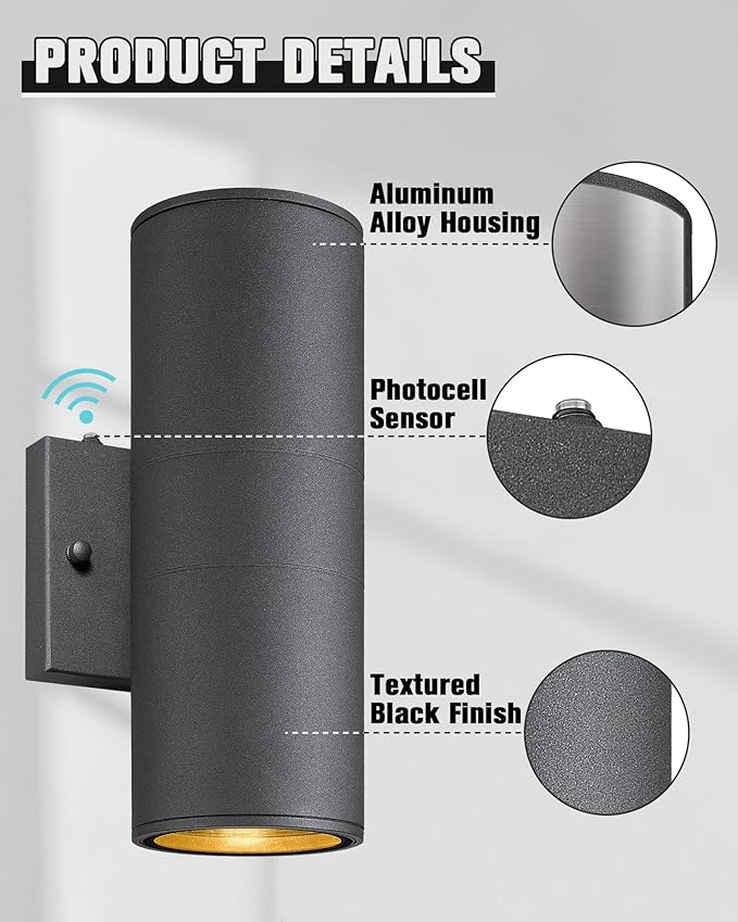 Ken & Ricky Dusk to Dawn Outdoor Lighting,Outdoor Wall Sconce Lights, Black Exterior Lighting Fixtures,Cylinder Outdoor Light Fixtures for House Garage Front Door Patio Entryway 2 Pack