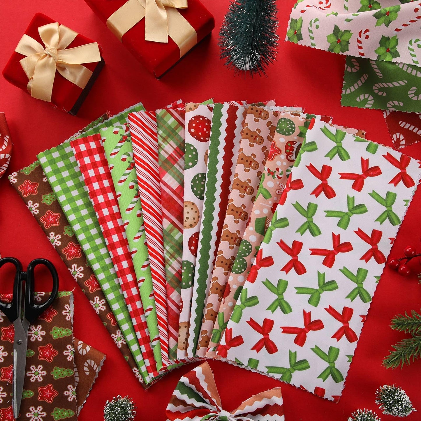 Oudain 60 Pcs 10 x 10 Inch Red and Green Quilting Fabric Squares Christmas Fat Patchwork Precut Strips Gingerbread Man Candy Cane Fabric Bundles for Xmas DIY Craft Sewing Handmade Materials