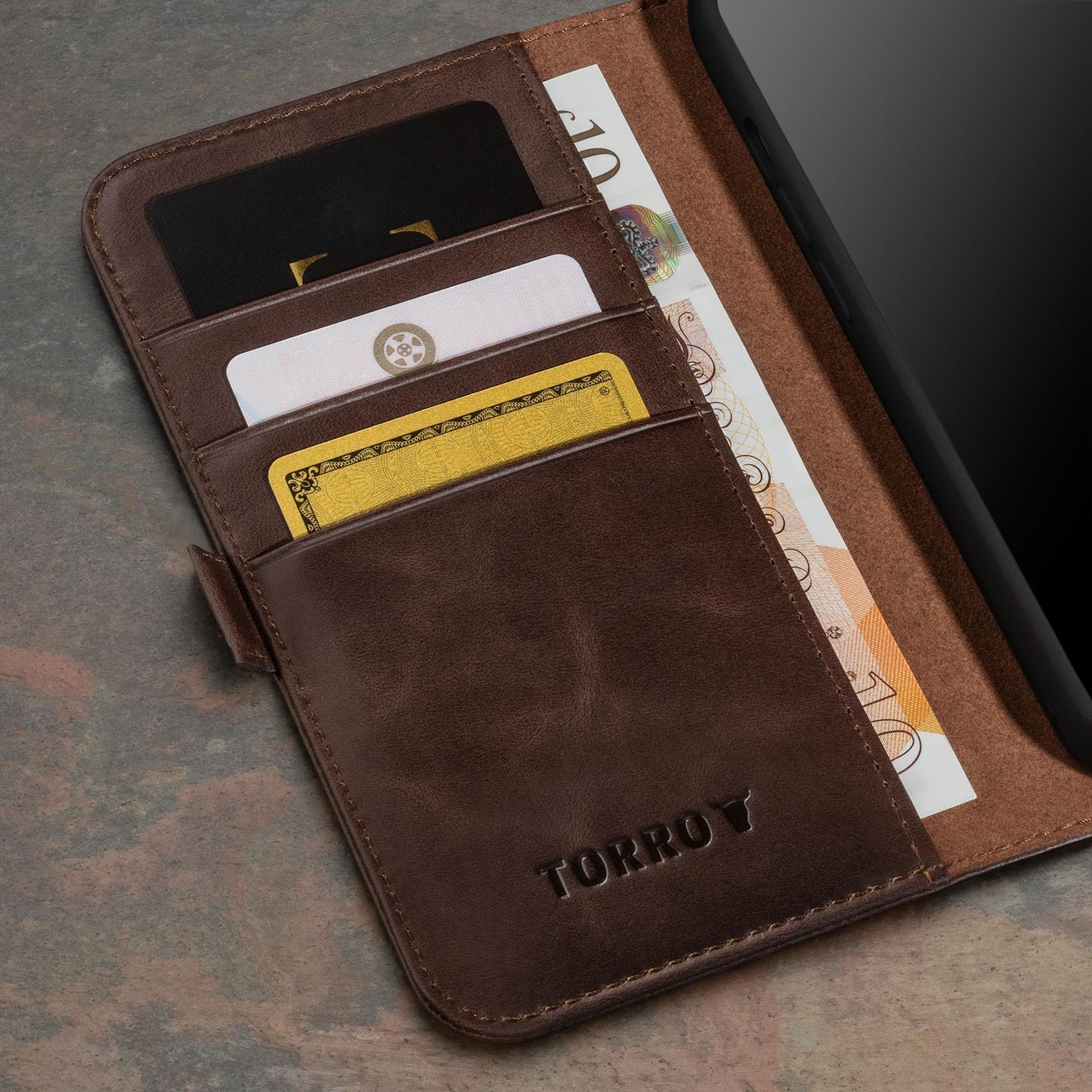 TORRO Premium Leather Case Compatible with iPhone 15 6.1" – Genuine Leather Wallet Flip Folio Case with Kickstand and Card Slots - Dark Brown