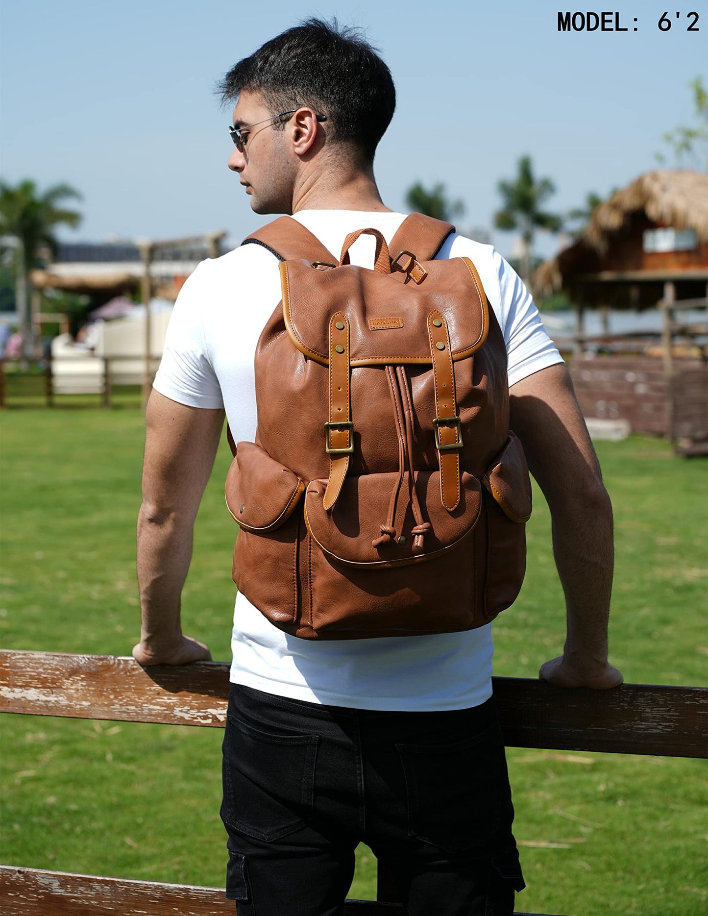 Vegan Leather 15.6 inch Laptop Backpack Hiking Camping Backpack Satchel Bookbag Travel Business Backpack CN-01 (Brown)