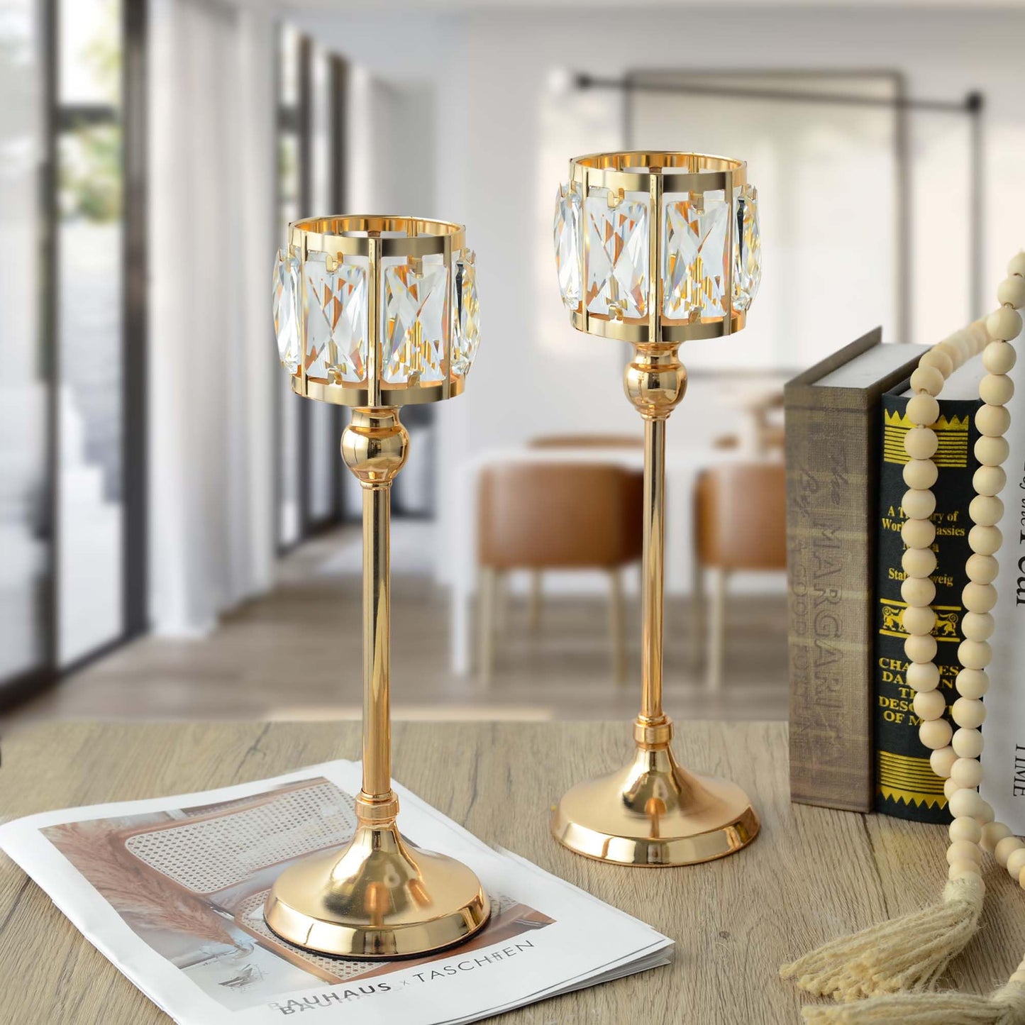 2 Piece Crystal Bowl Tealight Candelabra Votive Candle Stands, Wedding centerpieces for Tables Crystal Candlestick，Centerpiece Table Decorations (Gold 2PS)