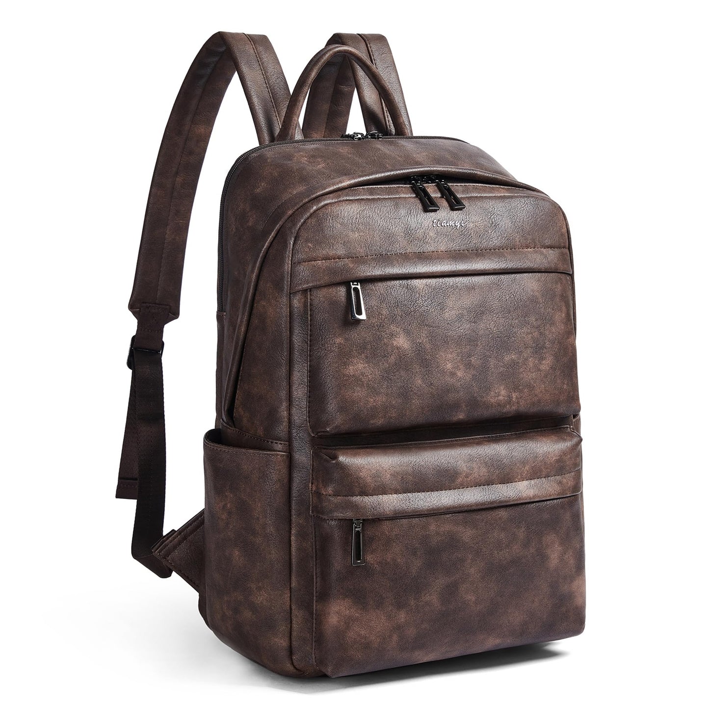 tiamyi Vegan Leather Backpack for Women and Men, Fits 16.0 Inch Laptop, Multi-Pocket Design with Water Bottle and Luggage Strap, Ideal for Work, Travel, and Daily Use, Coffee