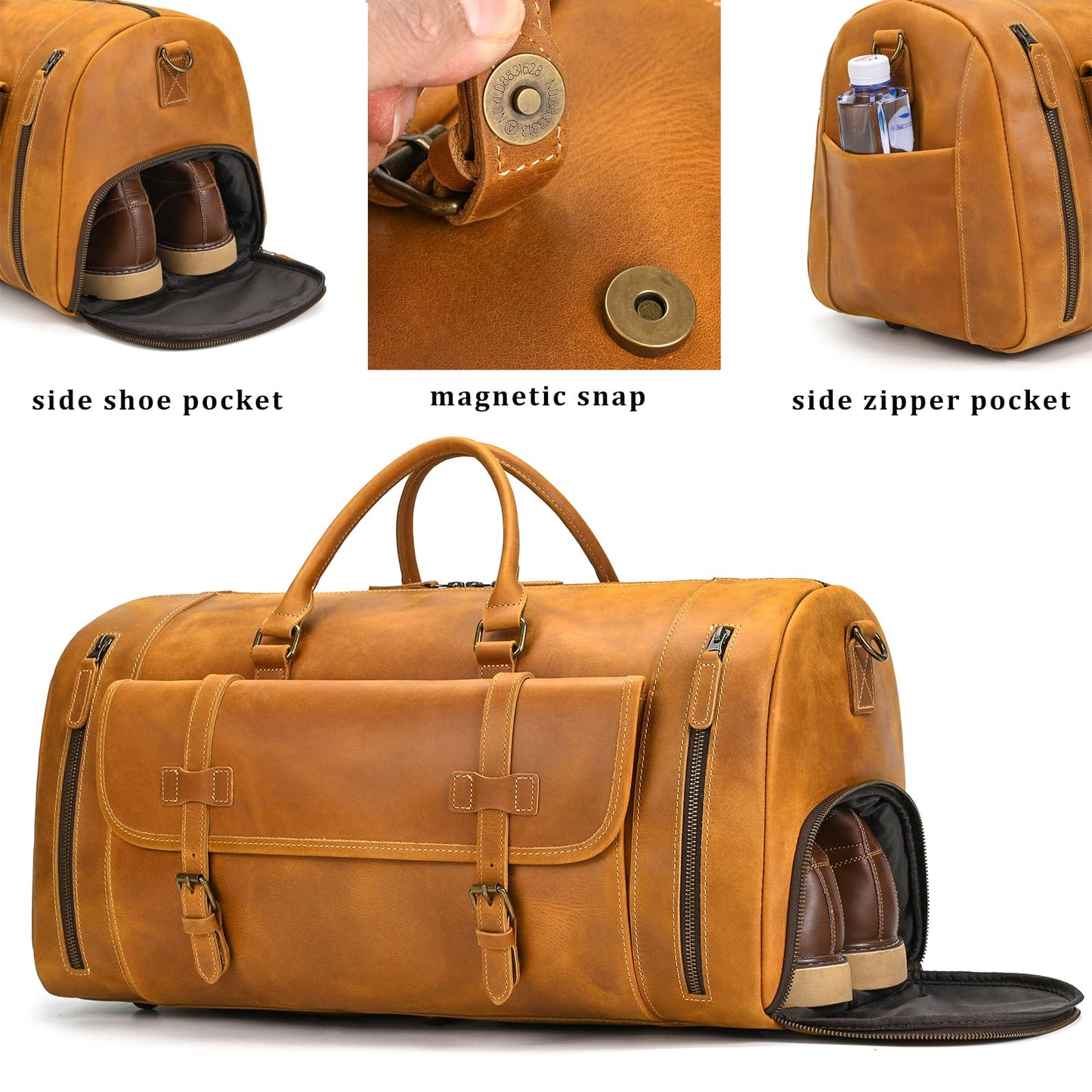 Leather Travel Duffle Bag, Vintage 23" Thick Full Grain Cowhide Travel Bags Leather Overnight Luggage YKK Zipper
