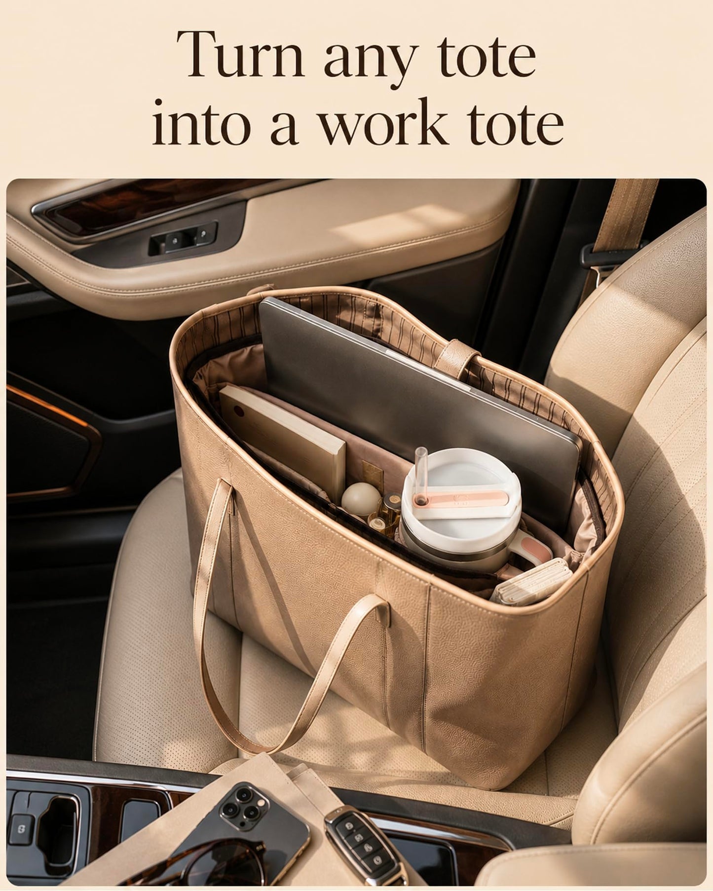TOVICE XL Purse Organizer Insert for Tote Bag with 40oz Cup Holder & 16" Laptop Sleeve - Satin Bag Organizer with 10 Pockets, Light Weight,Compatible with Neverfull GM, XL Tote Bag Organizer Insert