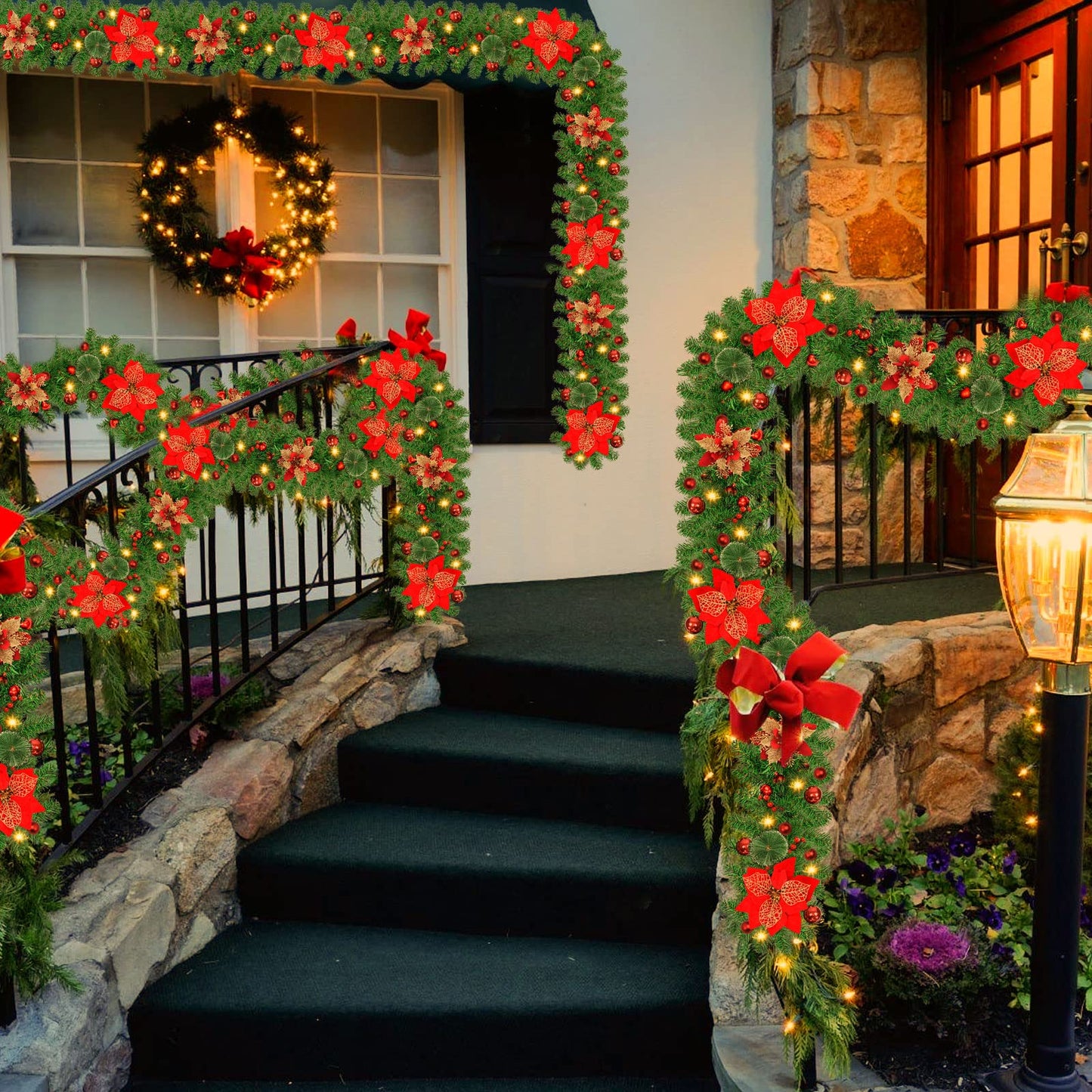 Christmas Garland,Christmas Garland with Lights Battery Operated,9 ft Rattan Artificial Flower Vine Plants Xmas Decorations for Indoor Outdoor Home Mantel Fireplace Stairs