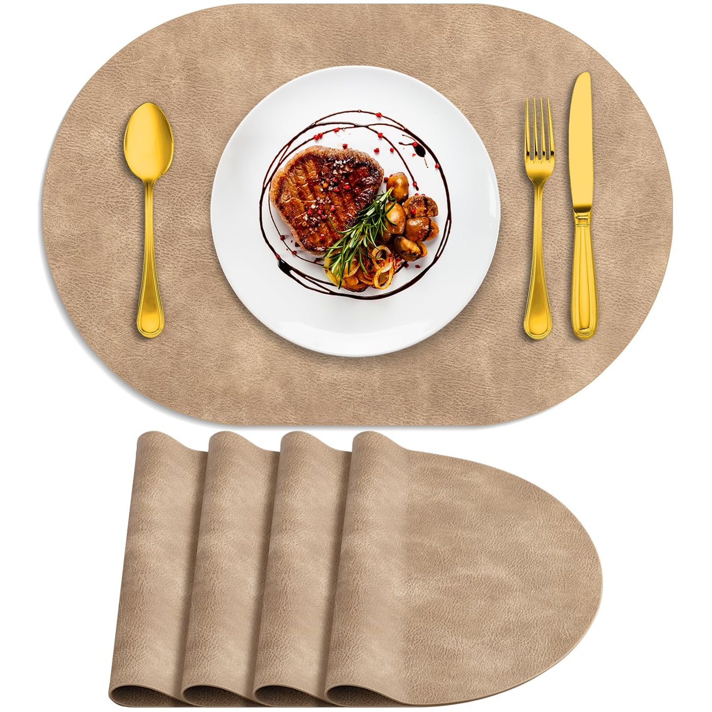 ADRIMER Placemats, Heat Resistant Oval Placemats Set of 4 Washable 12 x 17 Inch, Waterproof Table Placemats Set of 4, Wipeable Faux Leather Placemats for Kitchen, Dining Room, Apricot