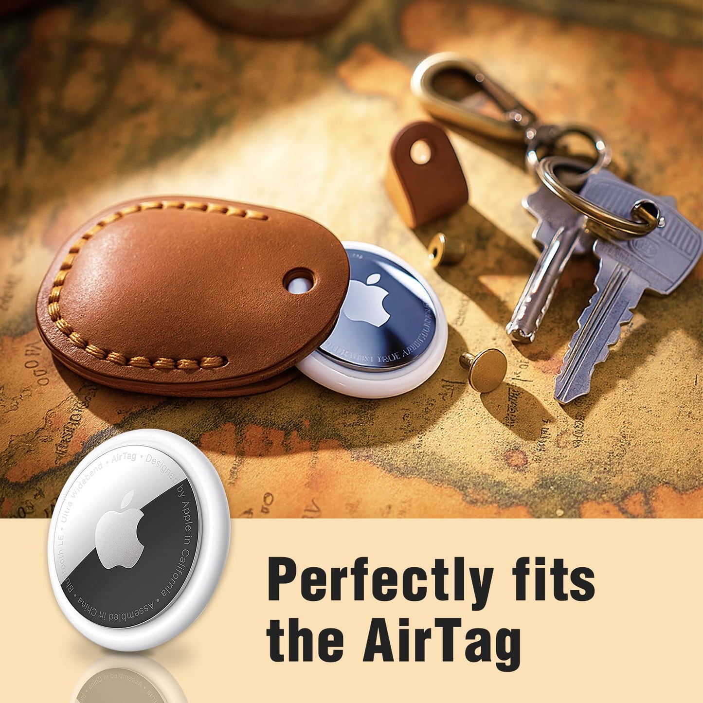 Q1T5 4 Pack Genuine Leather Airtag Holder - Hidden Holder Compatible with Apple AirTag 2nd & 1st Gen, Handmade Genuine Leather with Metal Rings - Full Coverage Case Gift Set