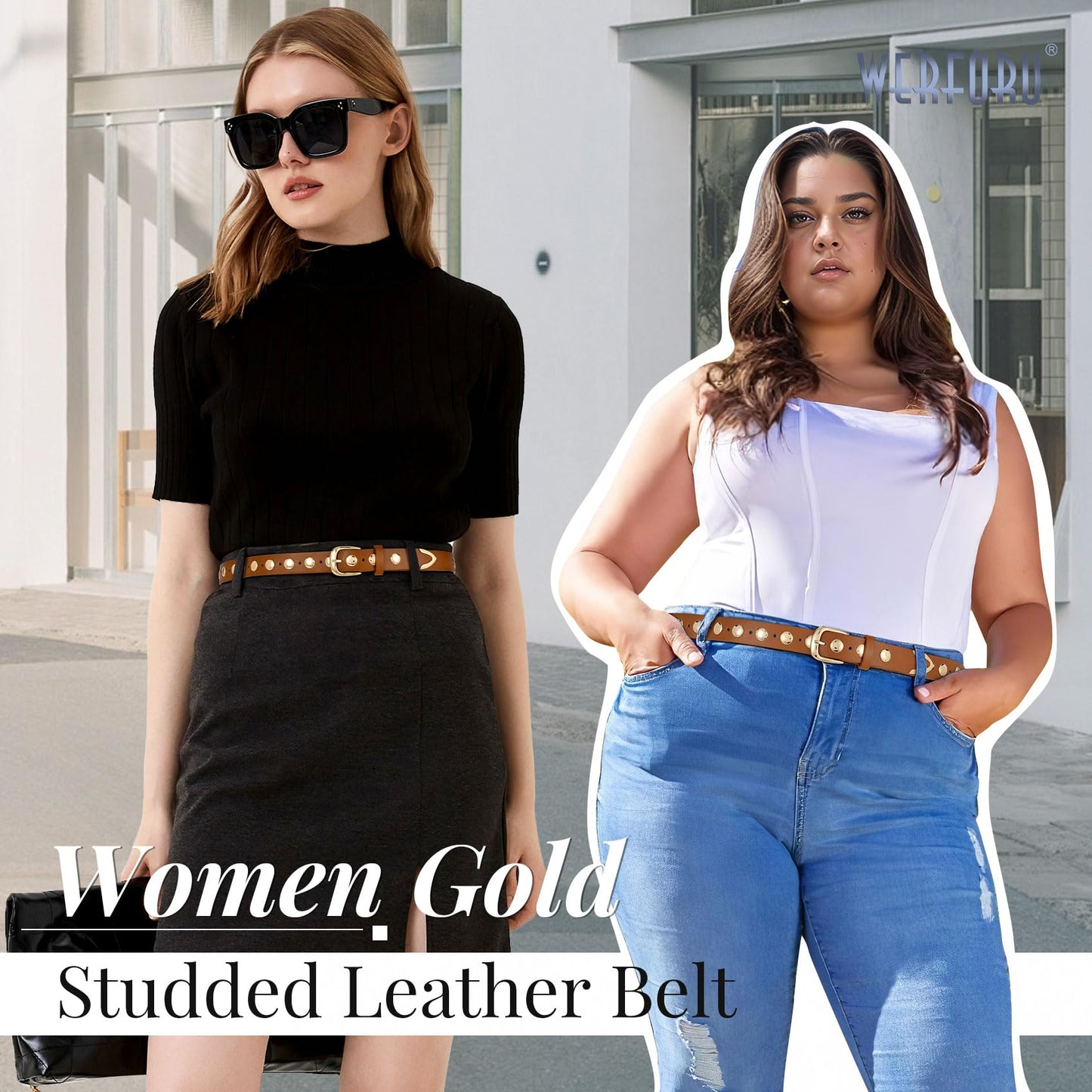 WERFORU Women Fashion Leather Belt Studded Leather Belt Ladies Belts for Jeans Dress Punk Belt,(Brown,25"-30" Waist Adjustable)
