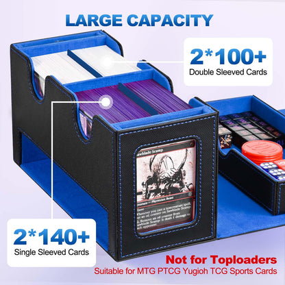 UAONO MTG Commander Deck Box, 3-in-1 Magnetic Card Box with 2 Top Loaders Display & 1 Dice Tray, Fits 200 Double Sleeved, Card Organizer Compatible with Magic the Gathering(Blue Yellow)