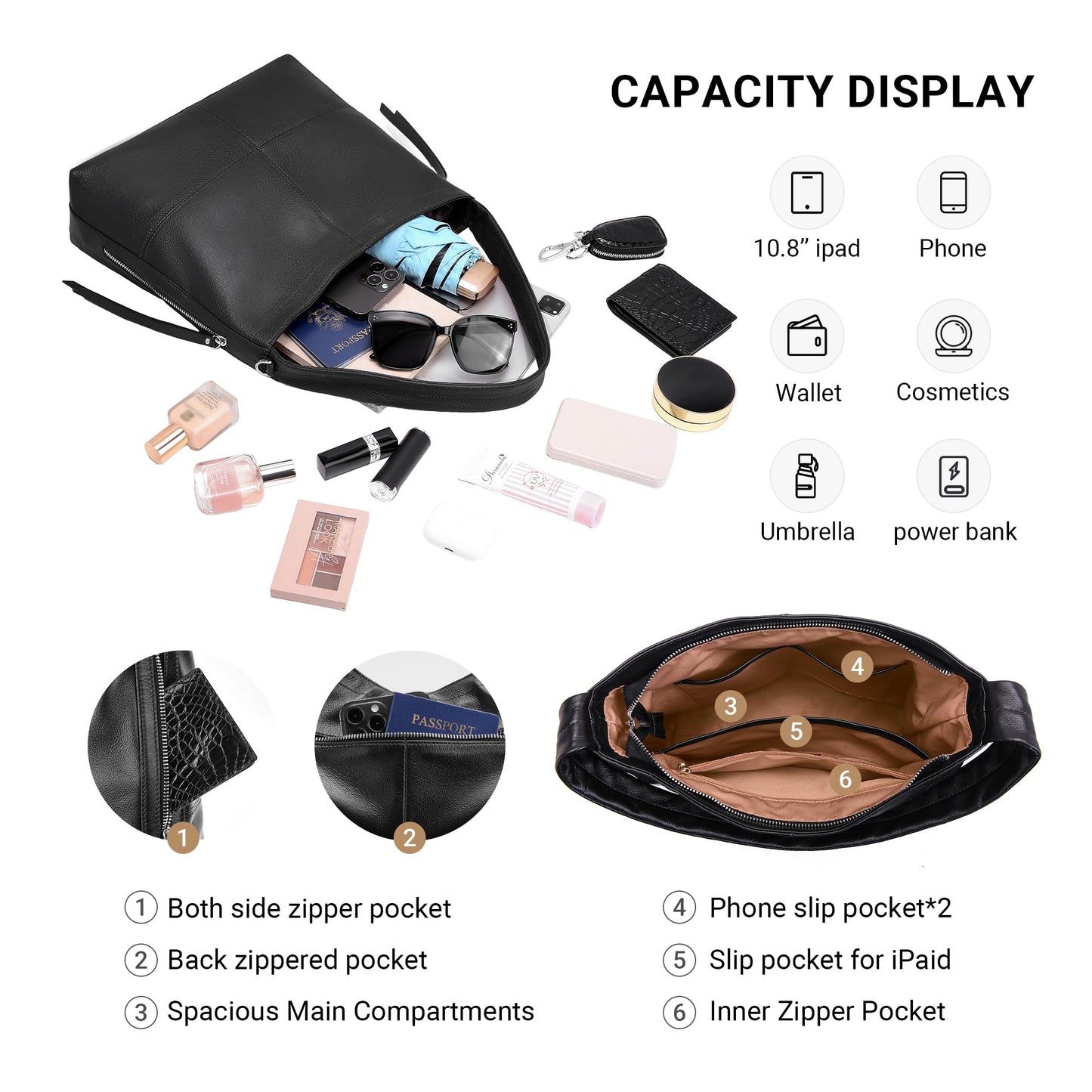 Morriloom Genuine Leather Hobo Bags for Women Crossbody Purses Work Tote Bag Designer Shoulder Handbags with 2 Straps (Black)