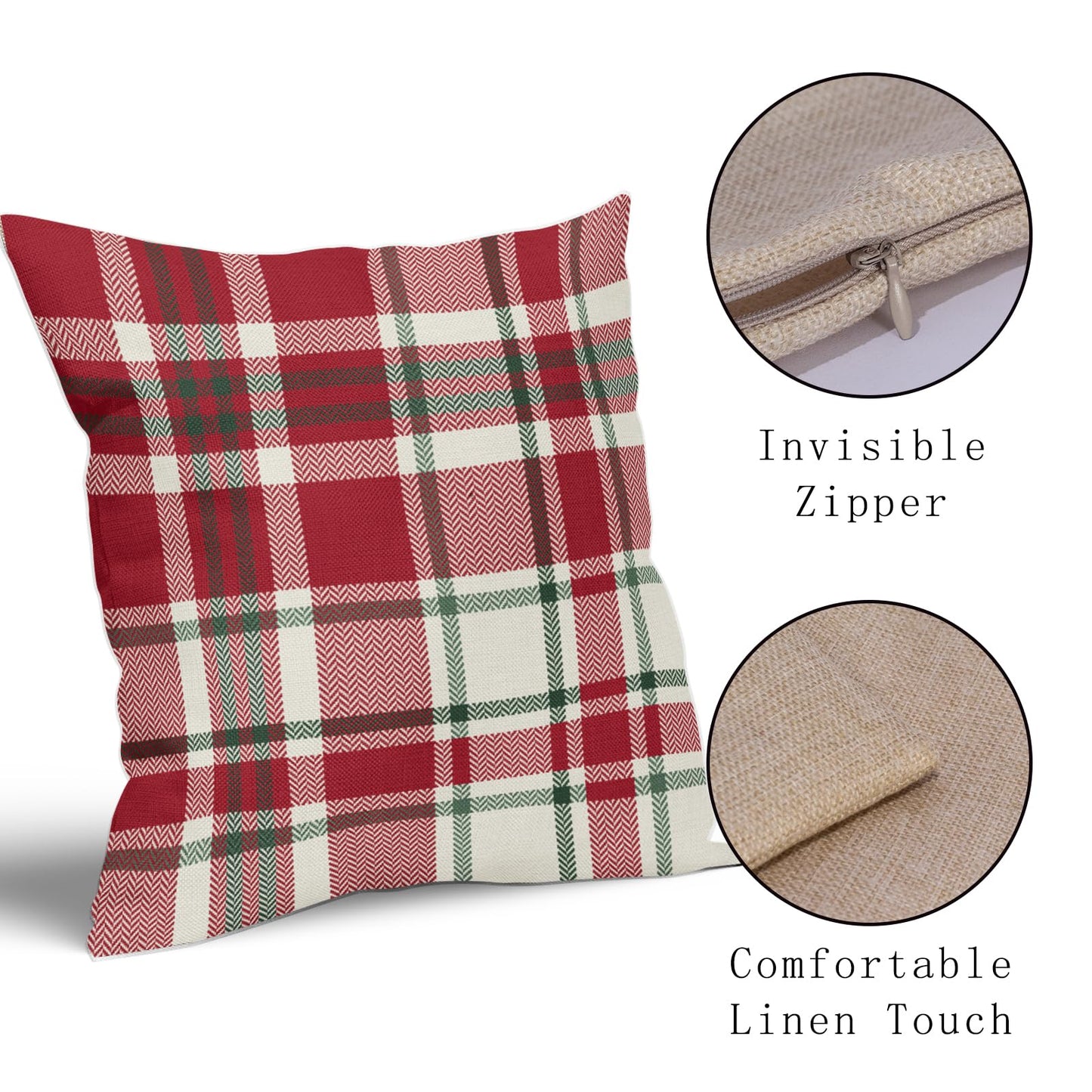 Christmas Plaid Pillow Covers 18x18 Set of 2 Red Green Cream Buffalo Checkered Decorative Tartan Pillowcases Xmas Winter Holiday Outdoor Rustic Farmhouse Throw Cushion Case Decor for Couch Sofa Bed