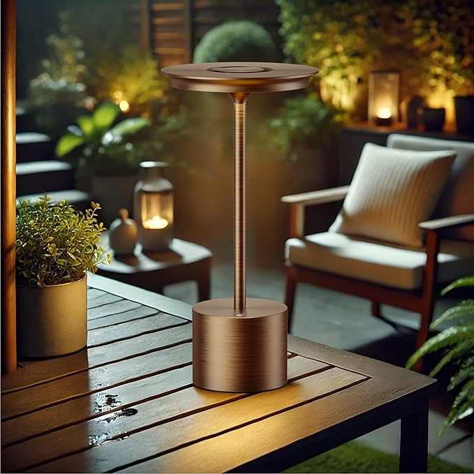 Cordless Table Lamp, Portable Rechargeable 6000mAh Outdoor Table Lamp, 3 Color Stepless Dimming Battery Powered Lamp, LED Table Light for Dinner/Restaurant/Outdoor (Brown)