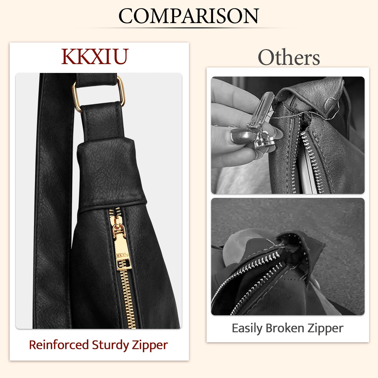 KKXIU Slouchy Hobo Bags for Women - Ultra Soft Foldable Shoulder Handbag Vegan Leather Tote Purse with Reinforced Zipper (Black)