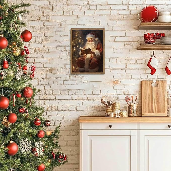 Framed Vintage Christmas Canvas Wall Art, Santa Claus Reading Book Paintings Wall Decor, Rustic Winter Holiday Pictures Prints for Living Room Bedroom Home Decoration 8×10 inch
