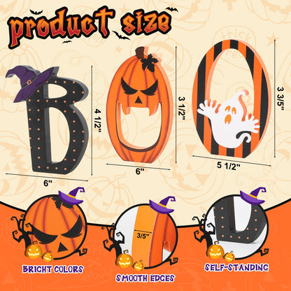 COCHIE BOO Signs Halloween Table Decorations Indoor, Retro Halloween Black Orange Tiered Tray Decor Set of 3, Wooden Happy BOO Day Decoration Sign for Party Home Shelf Display (Ghost)