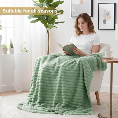 decorUhome Soft Fleece Sage Green Twin Blanket for Bed, Cozy Fluffy Plush Flannel Striped Throws for Couch Sofa, Lightweight Decorative Ribbed Fuzzy Blanket for Woman, 60x80 Inches