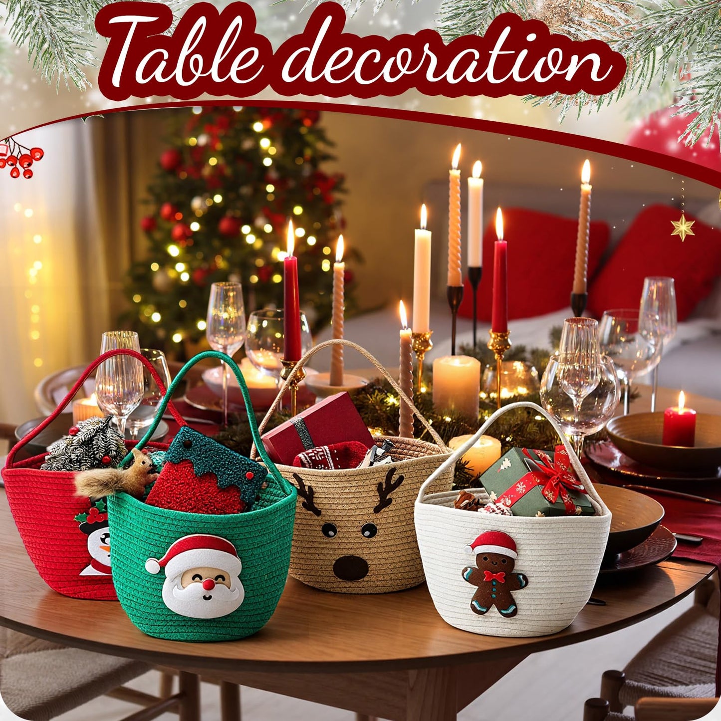 Sliner 4 pcs Christmas Woven Basket Empty for Gifts Woven Cotton Rope Basket with Christmas Xmas Decoration Storage with Handle for Baby Showers Snack Storage Xmas Decor Party Supplies Gifts