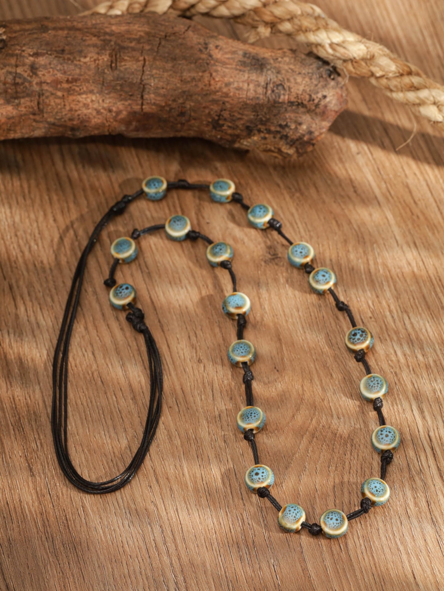 MINACHI Hippie Boho Blue Ceramic Bead Long Strand Necklace, Black Waxed Cord, Bohemian Beach Summer Jewelry Gift for Women
