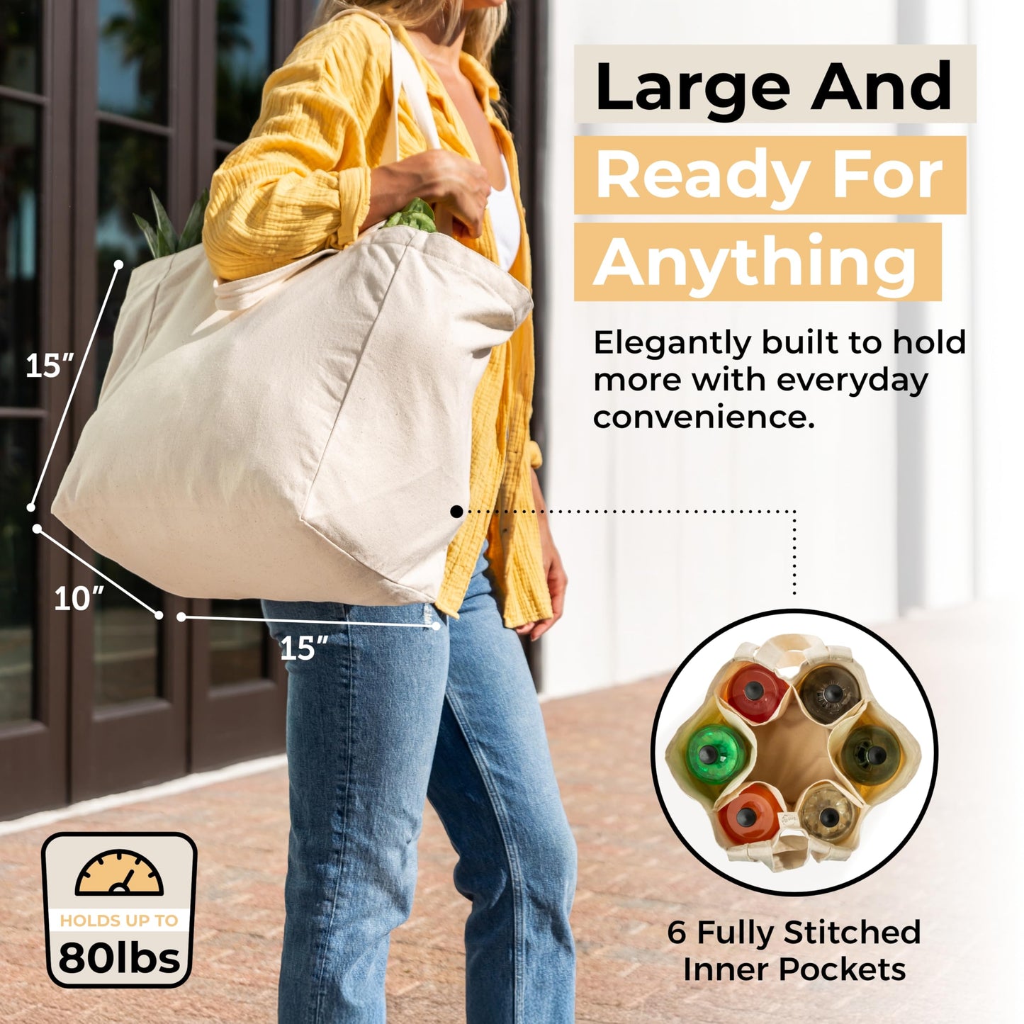 VeraMia 3pc Canvas Grocery Bags with Pockets, Shoulder Straps - Foldable, Washable Heavy Duty Tote