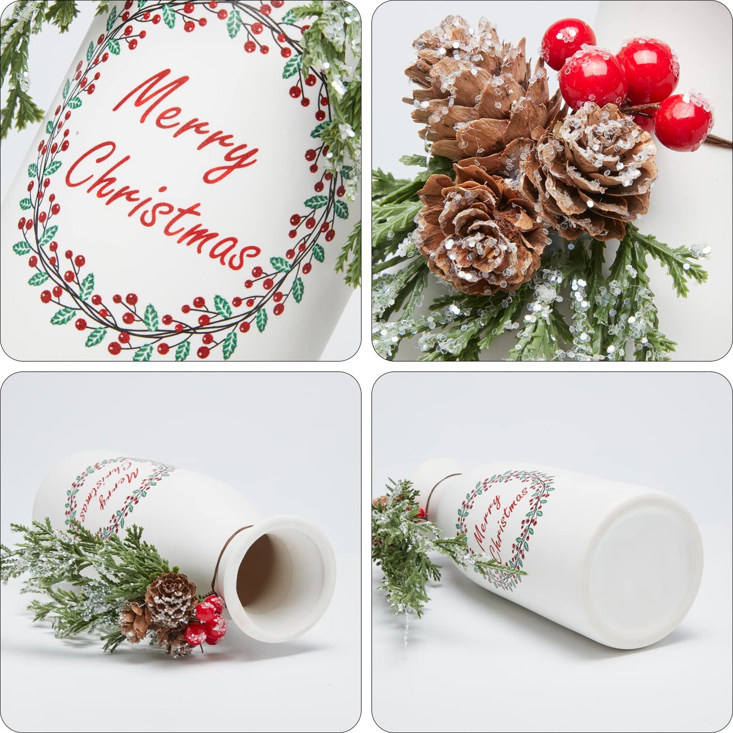 Wortour Artificial Christmas 3-Piece Set Flocked with Mixed Xmas Decorations Ceramic White Bottles